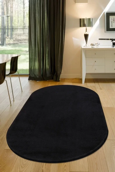 Peluş Halı Siyah Cool Yıkanabilir Oval Post Kesme Yolluk Kilim Salon Halısı Modelleri ürün görseli 1