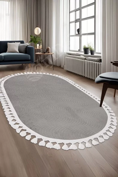 Avangard Oval Halı Sahra Gri Salon Koridor Antre Mutfak Halısı Silinebilir Ponpon Saçak ürün görseli 1