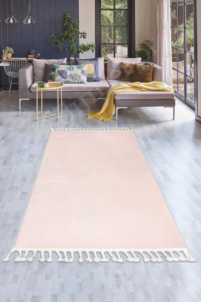Pembe Post Dokuma Halı Saçaklı Peluş Yumuşacık Antibakteriyel Çocuk Mutfak Salon Halısı ürün görseli 1