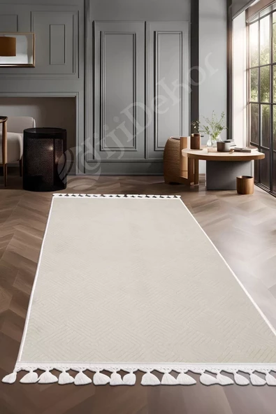 Halı Cool Krem Pramit Yıkanabilir Saçaklı Kesme Ince Yolluk Kilim Salon Halısı Modelleri ürün görseli 1