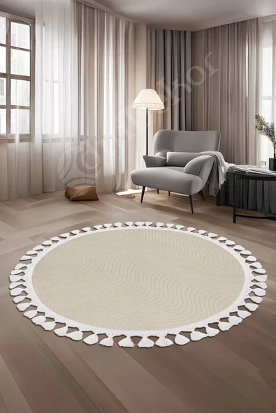 Halı Cool Krem Sahra Kaymaz Yıkanabilir Saçaklı Yuvarlak Yolluk Salon Halısı Modelleri ürün görseli 1