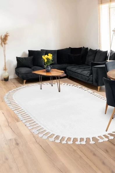 Peluş Halı Beyaz Cool Saçaklı Oval Post Kesme Yolluk Kilim Salon Halısı Modelleri ürün görseli 1