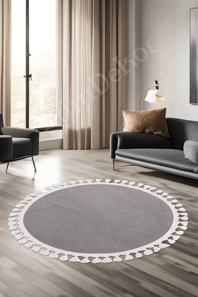 Halı Cool Gri Pramit Kaymaz Yıkanabilir Saçaklı Yuvarlak Yolluk Salon Halısı Modelleri ürün görseli 1