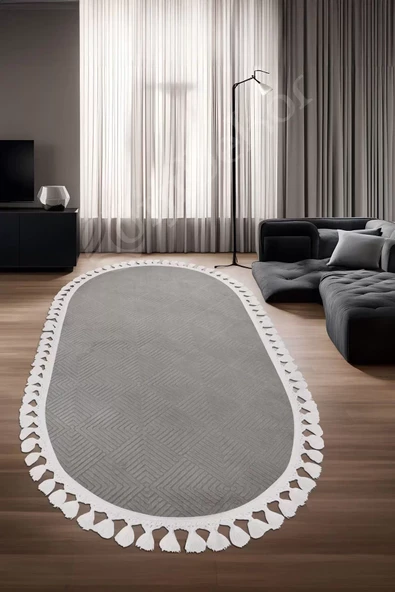 Halı Cool Gri Pramit Desenli Yıkanabilir Saçaklı Oval Yolluk Kilim Salon Halısı Modelleri ürün görseli 1