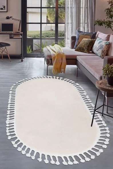 Peluş Halı Krem Cool Saçaklı Oval Post Kesme Yolluk Kilim Salon Halısı Modelleri ürün görseli 1