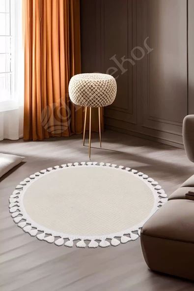 Halı Cool Krem Pramit Desenli Saçaklı Yuvarlak Kesme Yolluk Kilim Salon Halısı Modelleri ürün görseli 1