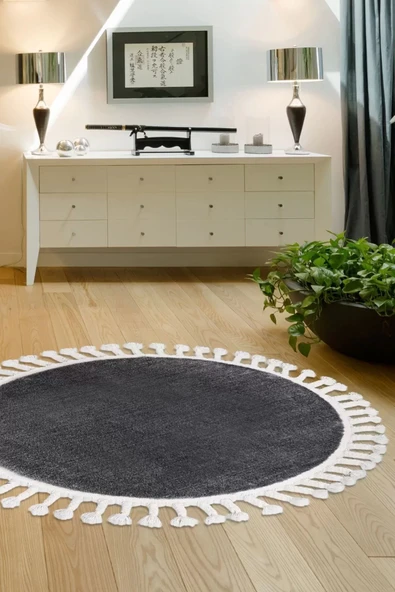 Koyu Gri Yuvarlak Post Dokuma Halı Püslüllü Peluş Halı Antibakteriyel ürün görseli 1