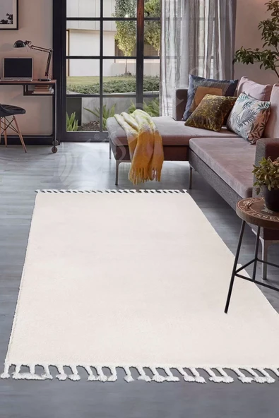 Peluş Halı Krem Cool Düz Desenli Saçaklı Kesme Post Yolluk Kilim Salon Halısı Modelleri ürün görseli 1