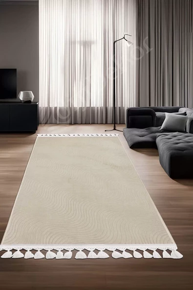 Halı Krem Sahra Yıkanabilir Saçaklı Kaymaz Kesme Ince Yolluk Kilim Salon Halısı Modelleri ürün görseli 1