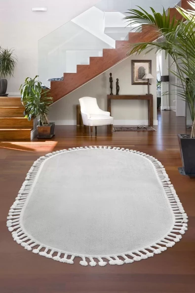 Açık Gri Oval Post Dokuma Halı Saçaklı Peluş Yumuşacık Kaymaz ürün görseli 1