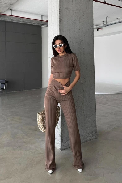TRİKO CROP VE BOL PAÇA PANTOLON TAKIM DNV-000036 ürün görseli 1