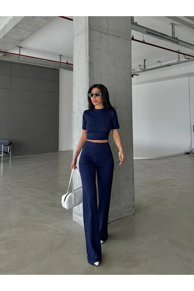TRİKO CROP VE BOL PAÇA PANTOLON TAKIM DNV-000036 ürün görseli 1