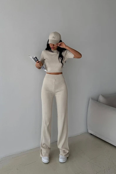 TRİKO CROP VE BOL PAÇA PANTOLON TAKIM DNV-000036 ürün görseli 1
