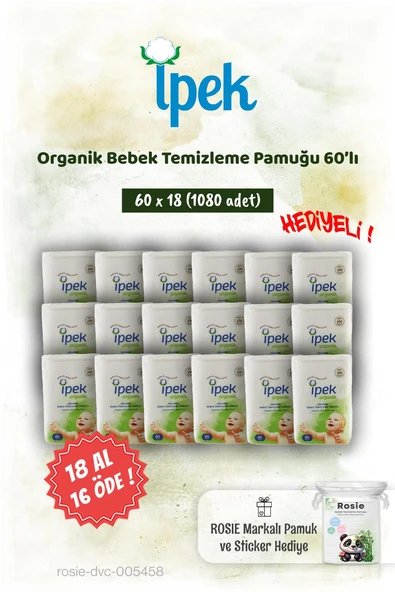 İpek Organik 60'lı 18 AL 16 ÖDE Bebek Temizleme Pamuğu ve Rosie Pamuk hediye ürün görseli 1