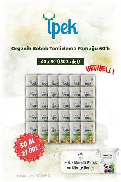 İpek Organik 60'lı 30 AL 27 ÖDE Bebek Temizleme Pamuğu ve Rosie Pamuk hediye ürün görseli 1