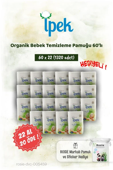 İpek Organik 60'lı 22 AL 20 ÖDE Bebek Temizleme Pamuğu ve Rosie Pamuk hediye ürün görseli 1