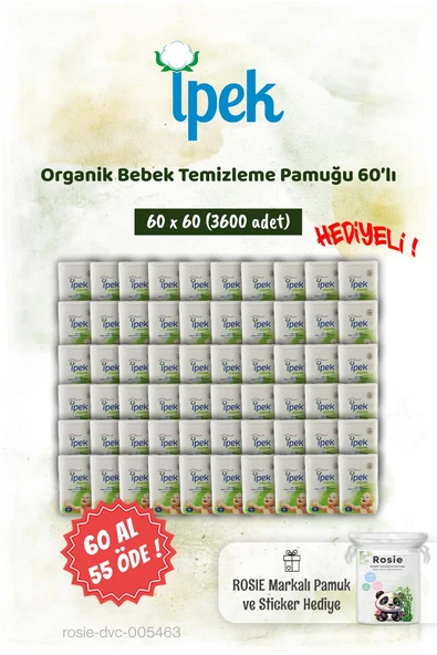 60'lı İpek Organik 60 AL 55 ÖDE Bebek Temizleme Pamuğu ve Rosie Pamuk hediye ürün görseli 1