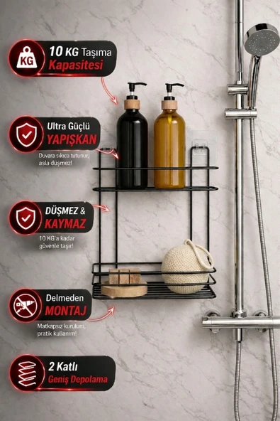 Yapışkanlı Siyah Banyo Rafı Delme Gerektirmeyen Duş Organizeri Şampuanlık 2 Katlı Siyah TŞ-02 ürün görseli 1