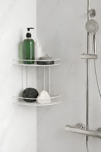 Banyo Köşe Rafı Askılı Duş Organizeri ve Şampuanlık 2 Katlı Beyaz EK-02 ürün görseli 1
