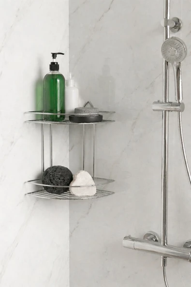 Banyo Köşe Rafı Askılı Duş Organizeri ve Şampuanlık 2 Katlı Krom EK-02 ürün görseli 1