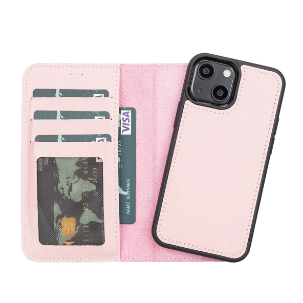 Apple iPhone 13 Mini Uyumlu Deri Cüzdanlı Kılıf NU2 Pembe ürün görseli 1