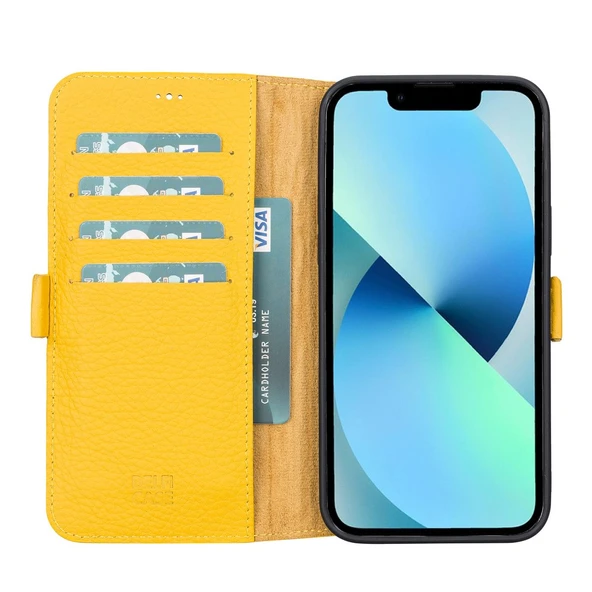 Apple iPhone 13 Pro Uyumlu Deri Cüzdanlı Kılıf Limon Sarı ürün görseli 1
