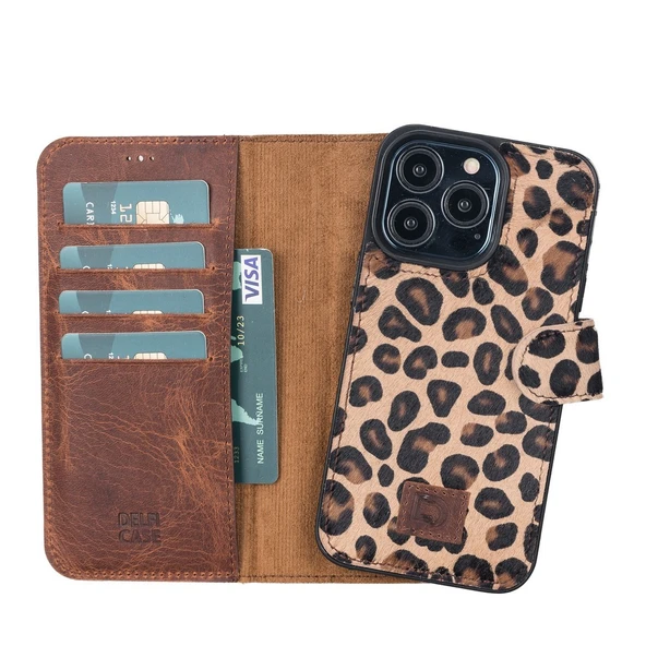 Apple iPhone 13 Pro Uyumlu Deri Cüzdanlı Kılıf Leopar Desen ürün görseli 1