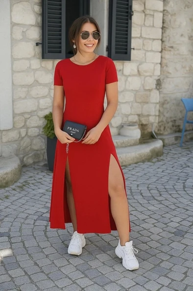 Kadın Kısa Kollu Sırt Dekolteli Yırtmaç Detaylı Viskon Elbise ürün görseli 1