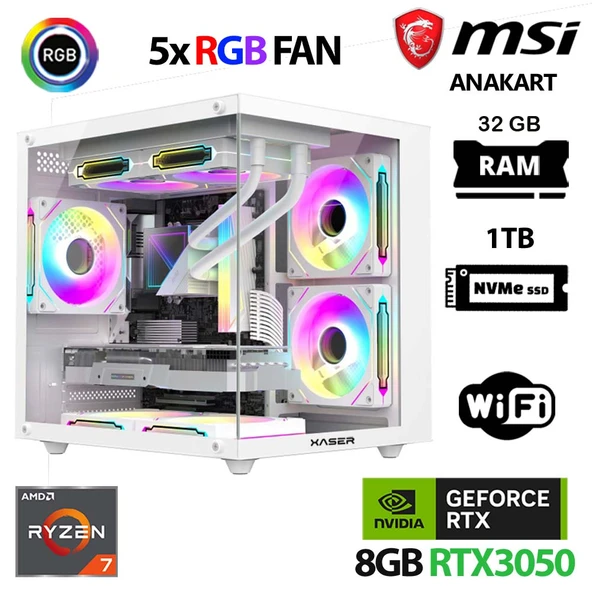 Xaser Cube X20 Ryzen 7 5700x 32GB Ram 1TB M.2 NVMe SSD 6GB RTX3050 Beyaz Oyuncu Tavsiye Sistem ürün görseli 1