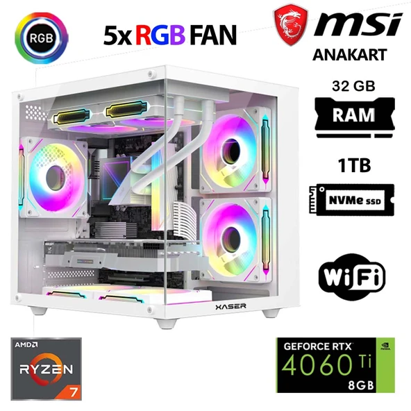 Xaser Cube X80 Ryzen 7 5700x 32GB Ram 1TB M.2 NVMe SSD 8GB RTX5060 Ti Beyaz Oyuncu Tavsiye Sistem ürün görseli 1