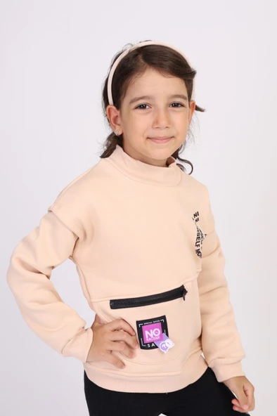 Toontoy Kız Çocuk Relax Fit Dik Yaka Düşük Omuz Cepli Baskılı Sweatshirt - Fermuar Detaylı & 3 İplik Şardonlu ürün görseli 1