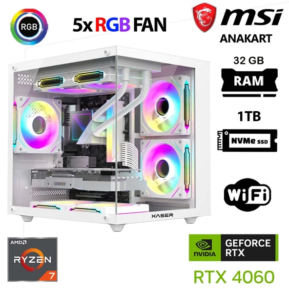 Xaser Cube X60 Ryzen 7 5700x 32GB Ram 1TB M.2 NVMe SSD 8GB RTX4060 Beyaz Oyuncu Tavsiye Sistem ürün görseli 1