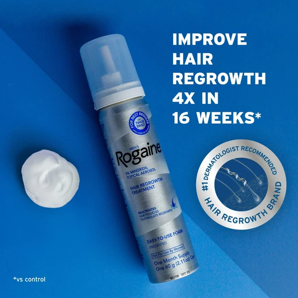 Rogaine Men's 5% Minoxidil Topical Aerosol Hair Regrowth Treatment Foam, 3 Month Supply Each Can 2.11 Ounce 60 Gram ürün görseli 1