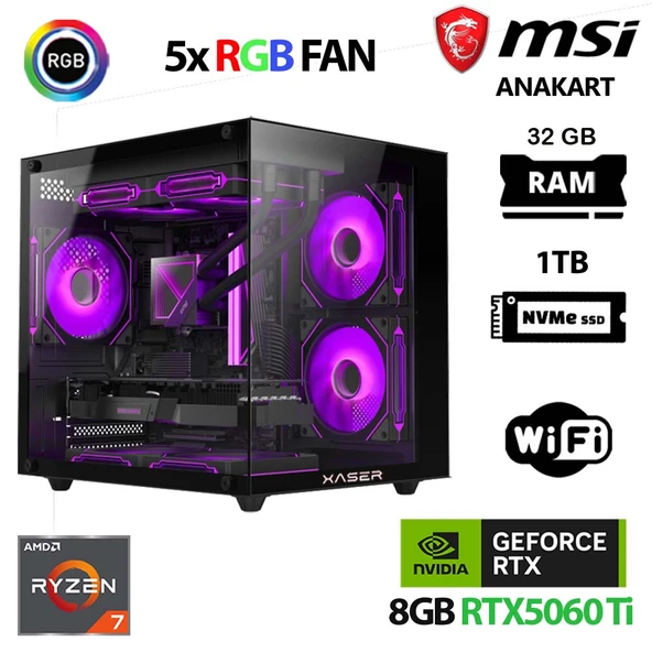 Xaser Cube X70 Ryzen 7 5700x 32GB Ram 1TB M.2 NVMe SSD 8GB RTX5060 Ti Oyuncu Tavsiye Sistem ürün görseli 1