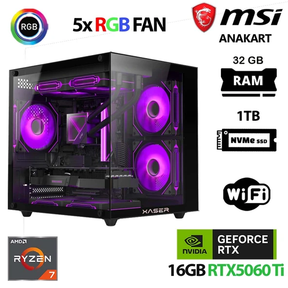 Xaser Cube X90 Ryzen 7 5700x 32GB Ram 1TB M.2 NVMe SSD 16GB RTX5060 Ti Oyuncu Tavsiye Sistem ürün görseli 1