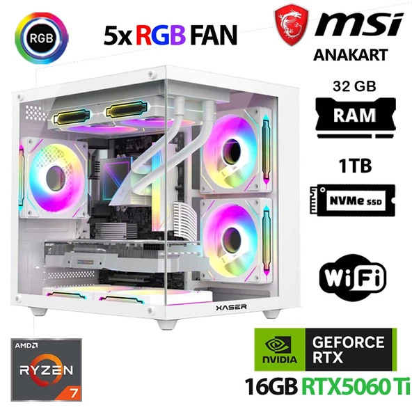 Xaser Cube X100 Ryzen 7 5700x 32GB Ram 1TB M.2 NVMe SSD 16GB RTX5060 Ti Beyaz Oyuncu Tavsiye Sistem ürün görseli 1
