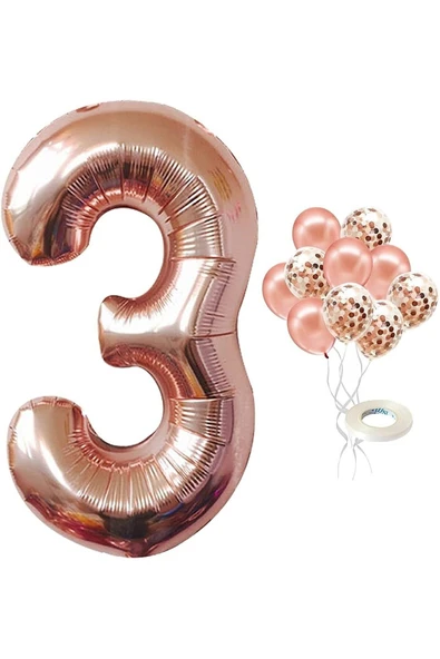 MSDA 3 Yaş Rose Gold Rakam Balon Konfetili Balon Seti ürün görseli 1