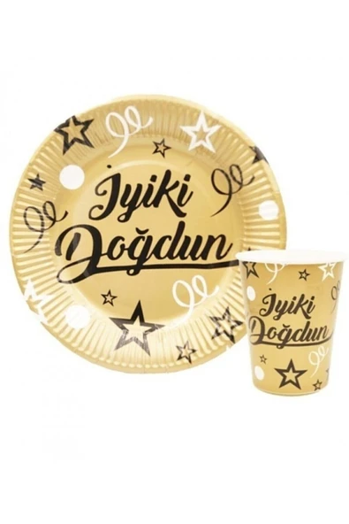 MSDA İyi Ki Doğdun Gold Siyah Karton Tabak Bardak Seti 16 Adet Tabak 16 Adet Bardak ürün görseli 1