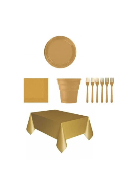 MSDA Gold Renk Plastik Tabak, Bardak, Çatal, Peçete Ve Tek Kullanımlık Masa Örtüsü Seti ürün görseli 1
