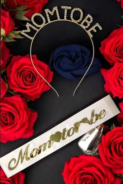 MSDA Mom To Be Metal Taç Ve Kuşak & Baby Shower Set & Beyaz Altın Kuşak Taşlı Altın Taç ürün görseli 1