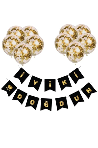 MSDA Set Iyi Ki Doğdun Siyaha Gold Varaklı Banner Yazı Ve Gold Konfetili Şeffaf Balon Seti ürün görseli 1