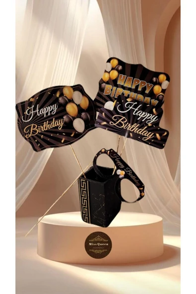 MSDA Happy Birthday Temalı 10'lu Konuşma Balonu Seti SİYAH-GOLD ürün görseli 1