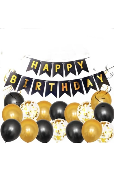 MSDA Siyah Gold Varaklı Happy Bırthday Yazı 15 Adet Metalik Balonlu Set ürün görseli 1