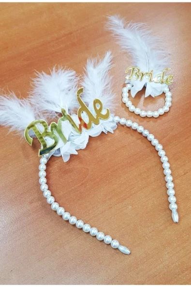 MSDA Bride Gold Tüylü Gelinlik Taç Ve Bride Incili Bileklik ürün görseli 1