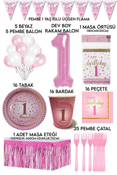 MSDA 16 Kişilik Pembe Rakam Ve Beyaz Balonlu 1 Yaş Kız Doğum Günü Partisi Seti (tabak,bardak,peçete Vs) ürün görseli 1