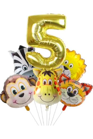 MSDA Safari Kafa Seti Altın Yaş Rakam Hayvan Temalı Doğum Günü Balon Seti 5 Yaş ürün görseli 1