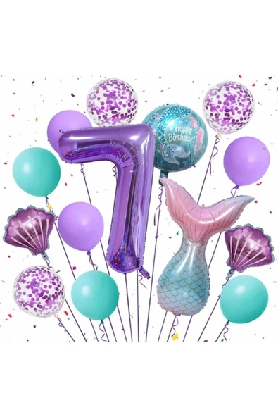 MSDA Mor Renk Deniz Kızı Konsept 7 Yaş Rakam Balon Set Deniz Kızı Temalı Doğum Günü Parti Seti ürün görseli 1