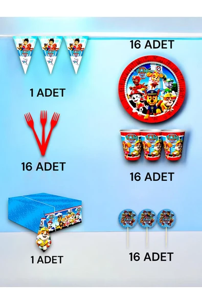 MSDA 16 Kişilik Paw Patrol Temalı Premium Set - Doğum Günü Parti ve Eğlenceli Etkinlikler ürün görseli 1