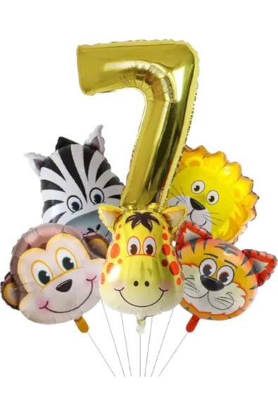MSDA Safari Kafa Seti Altın Yaş Rakam Hayvan Temalı Doğum Günü Balon Seti 7 Yaş ürün görseli 1