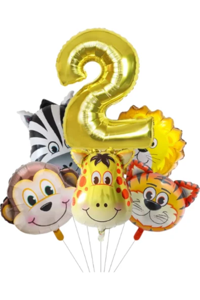 MSDA Safari Kafa Seti Altın Yaş Rakam Hayvan Temalı Doğum Günü Balon Seti 2 Yaş ürün görseli 1